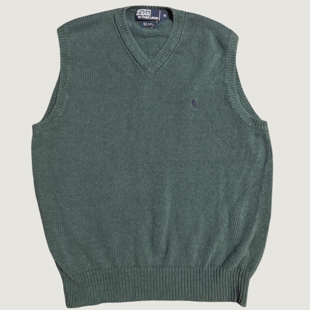 Polo Ralph Lauren Mens Green Linen Cotton V-Neck Sweater Vest Medium Mint